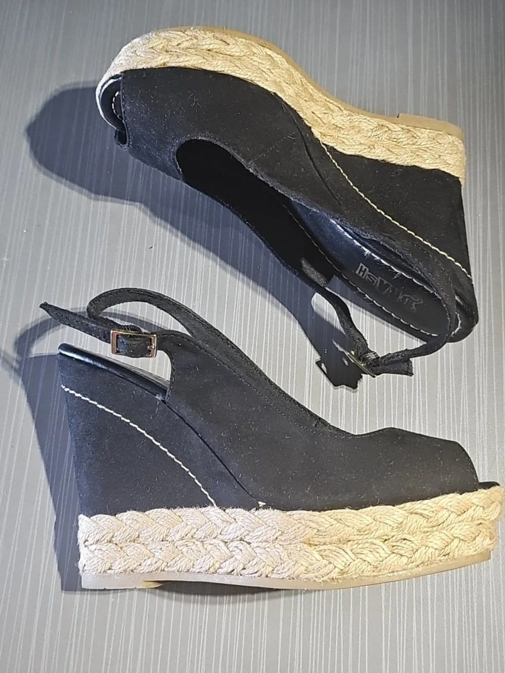 BRASH Black Suede Peep Toe Sling Back‎ Wedge Shoes Women's 5 Excellent PreOwned